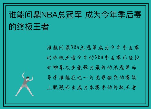 谁能问鼎NBA总冠军 成为今年季后赛的终极王者